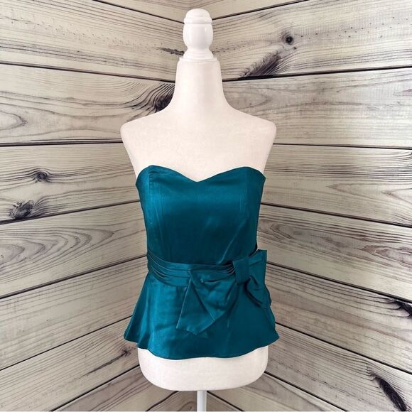 Prophecy Vintage Teal Blue Satin Strapless Peplum Bow Top - Picture 2 of 10